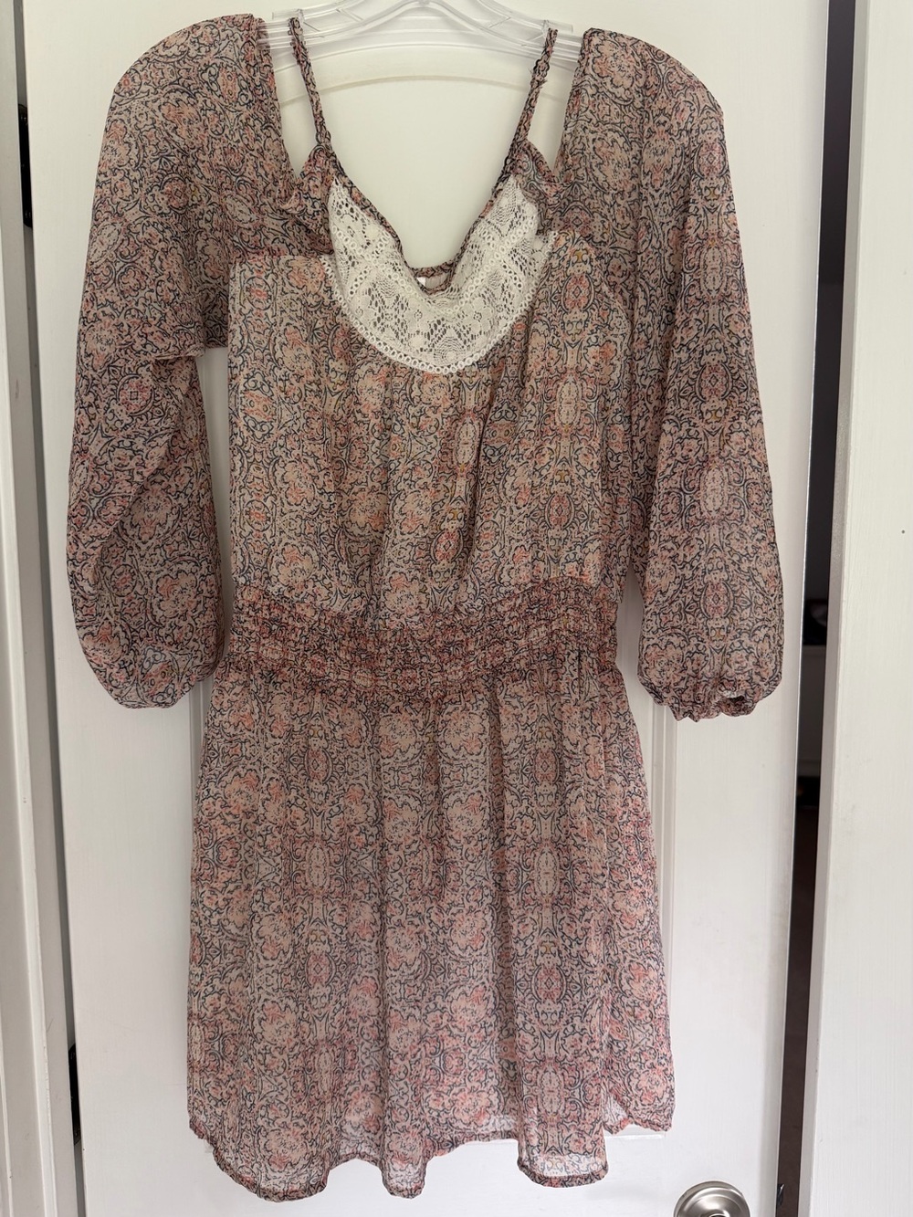 Xhilaration Peach Floral Lace-Trim Long Sleeve Dress